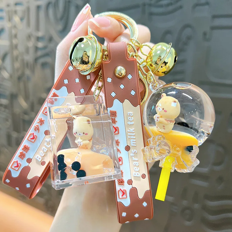 Cartoon Oil Floating Liquid Quicksand Bottle Pearl Milk Tea Bear Key Chain Cute Trendy Car Key Chain Pendant New