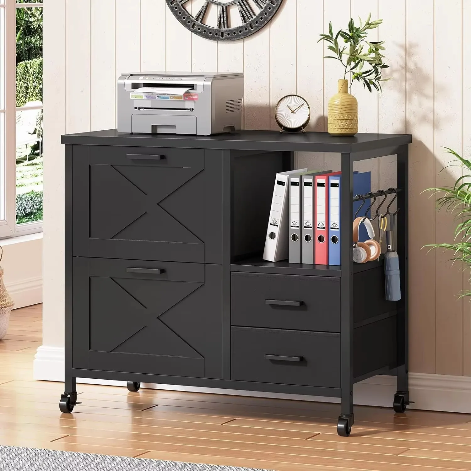 4 Drawers Filing Cabinet, File Cabinet for Home Office fits Letter/Legal/A4 Size Hanging Files, Printer Stand w/ Storage, Black