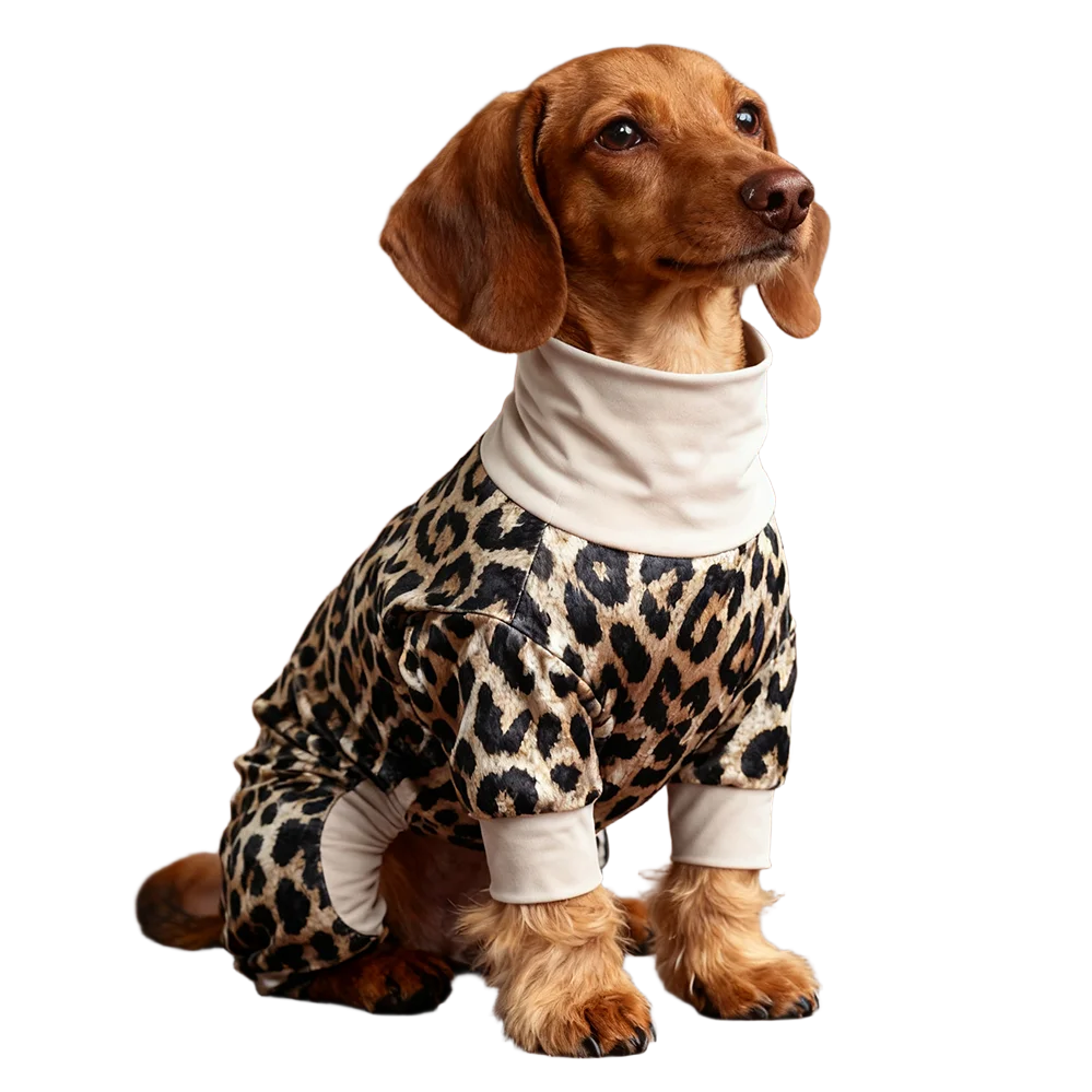 

Leopard Dog Pajamas for Small Dogs, Stretchable 4 Legs Puppy Jumpsuit, Soft Comfy Velvet Pet Costume for All Seasons
