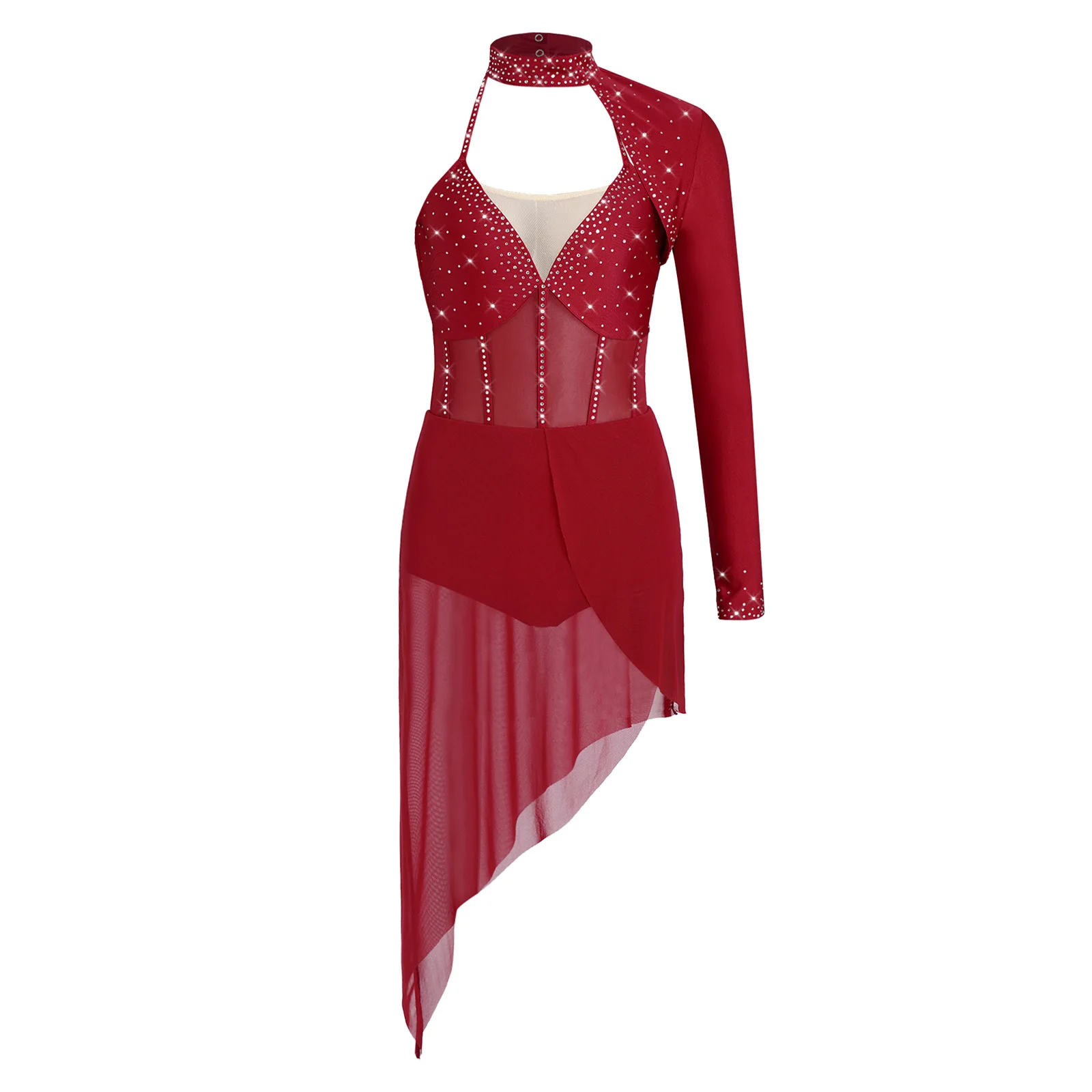 

Womens Lyrical Dance Rhinestones Bodysuit Dress Single Long Sleeve Strappy Backless Irregular Mesh Hem Dress Modern Dance Wear