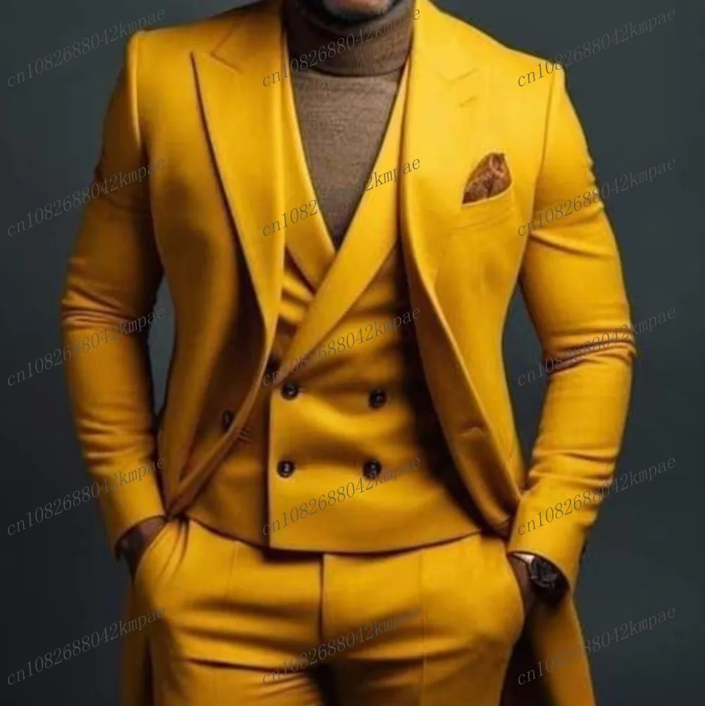 

New Formal Occasion Business Dark Yellow Men Suit Groom Groomsman Wedding Party Prom Male Tuxedos 3 Piece Set Blazer Vest Pants