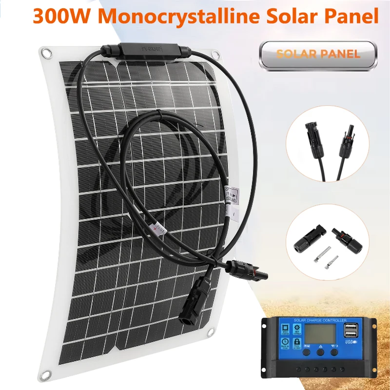 300W Solar Panel Kit Complete 18V Solar Cell With 10A-100A Controller Power Bank Charging for RV Car Camping Outdoor Home Trip