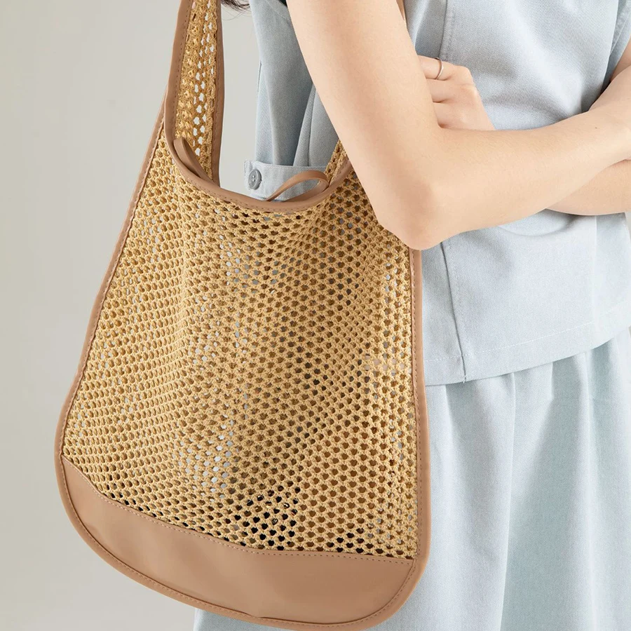 

New Trend Mesh Patchwork Women Bag Crochet Handbag Retro Knitted Braid Solid Color Hollow Out Black Top-handle Tote Bag Shopper