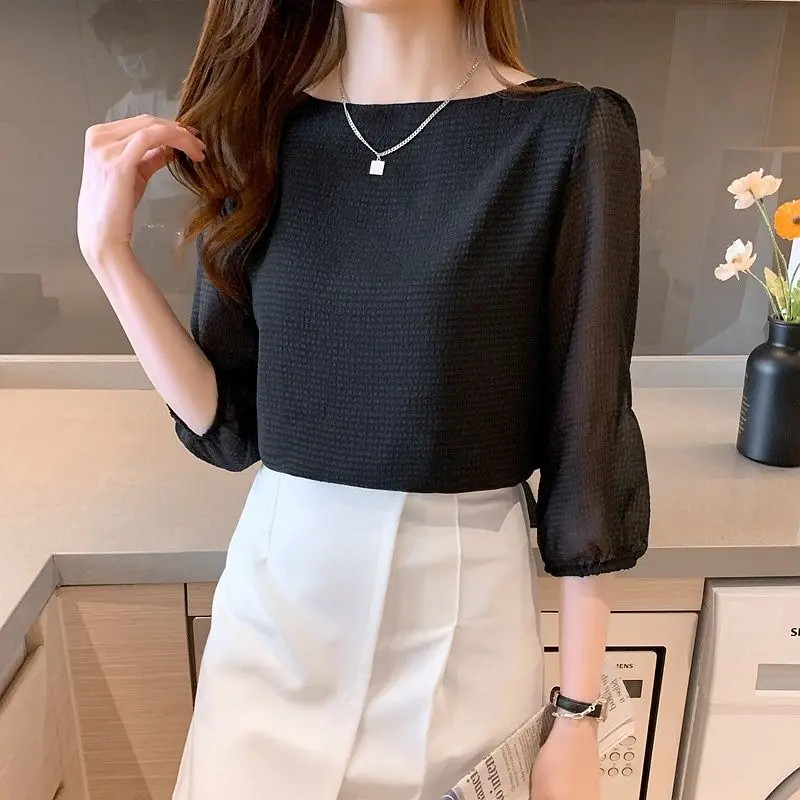 Women's Spring Autumn New Fashionable Elegant One Line Collar Set with a Head 27/4 Sleeve Casual Versatile Western Commuter Tops