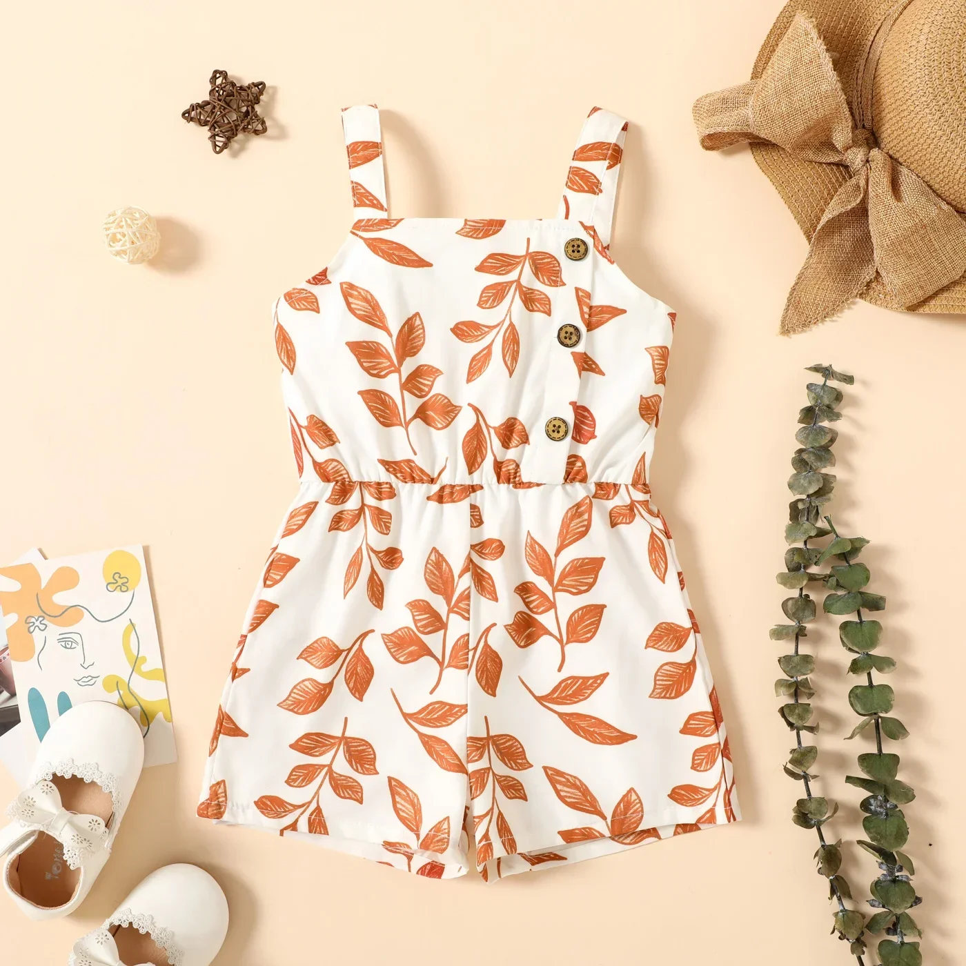 PatPat Toddler Girl Leaf Print Button Design Strap Romper Perfect for Outings and Daily Wear Basic Style Comfortable