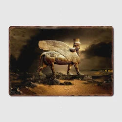 Assyria Assyrian Human Headed Winged Bull Lamassu Statue On Black Poster Metal Plaque Wall Cave Wall Decor Tin sign Posters