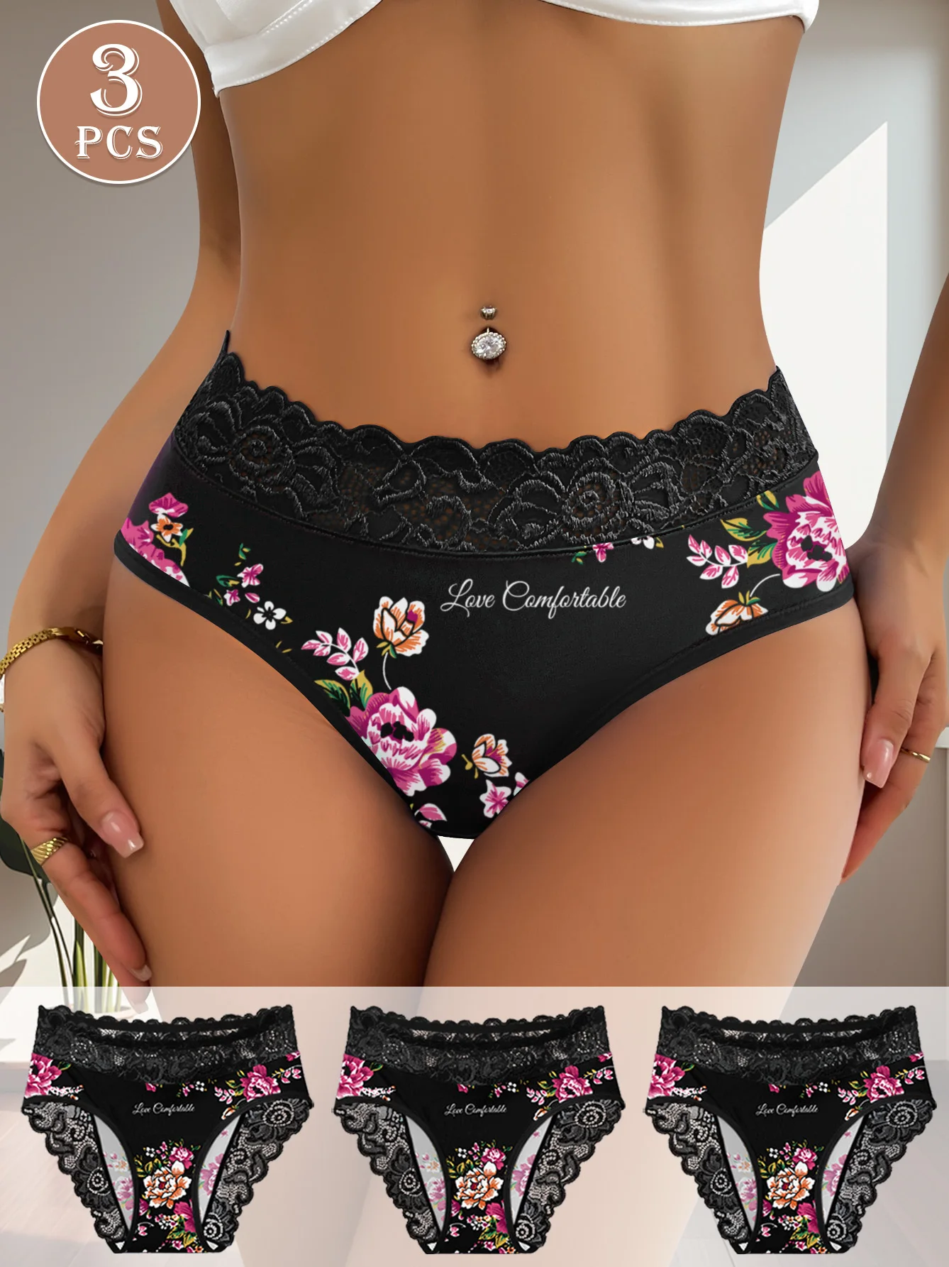 

Комплект из 3 женских трусиков с цветочным кружевом – мягкие, дышащие и удобные, идеально подходят для ношения на протяжении всего дня, идеально подходят для повседневного использования.