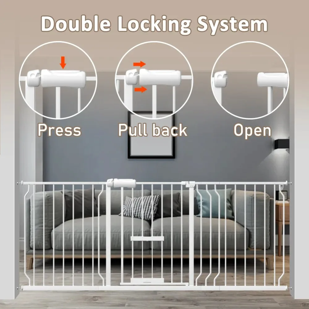 Baby Safety Gate with Cat Door,57"-66" Extra Wide Pressure Mount Pet Gate White Metal