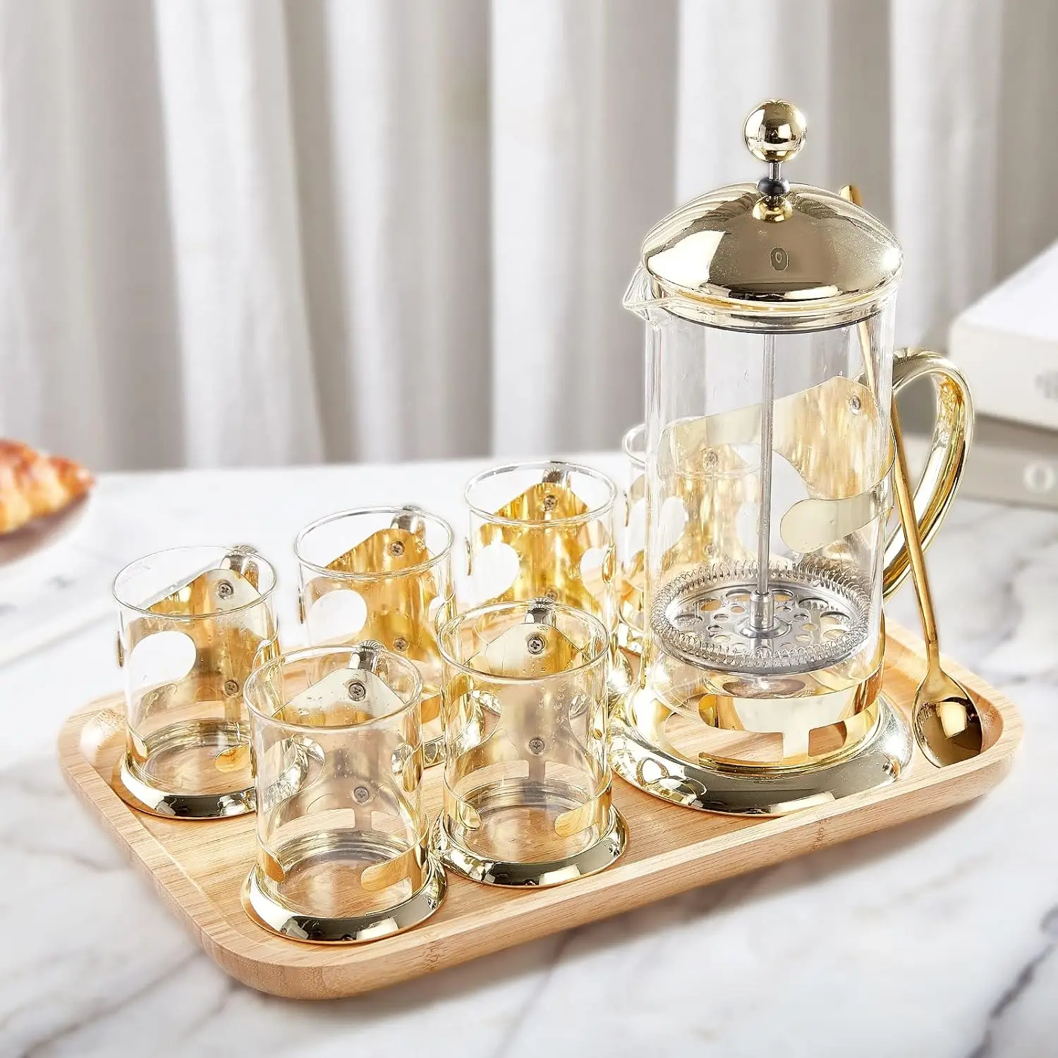 Gold French Press Set with 6 Cups & 1 Tray, Luxury Design Coffee Maker Set with 4-Level Filter System, Hot&Cold Resistant Glass
