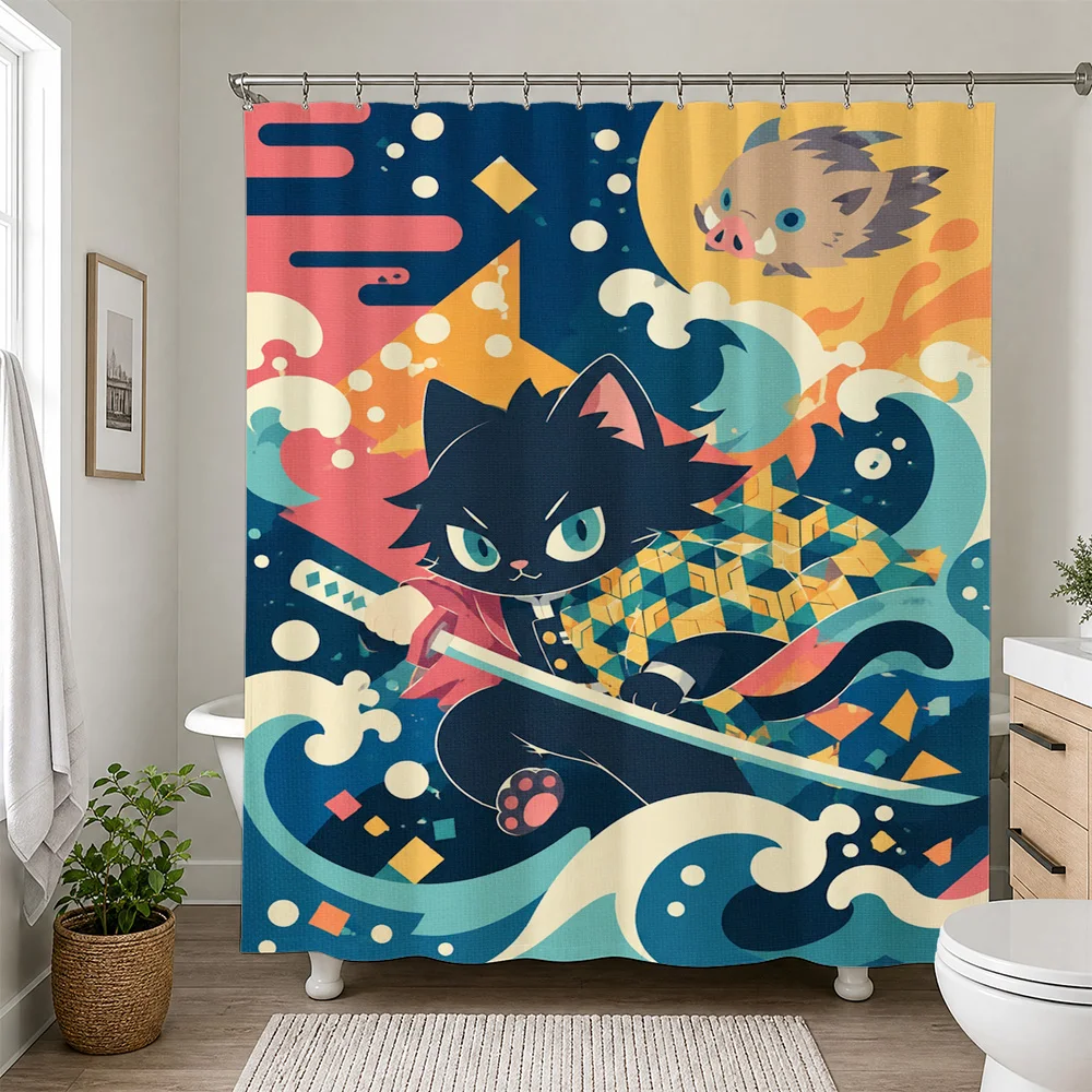 Cute Cartoon Cat Warrior Anime Shower Curtain Bathroom Decor Fun Pop Art Style for Kids and Adults