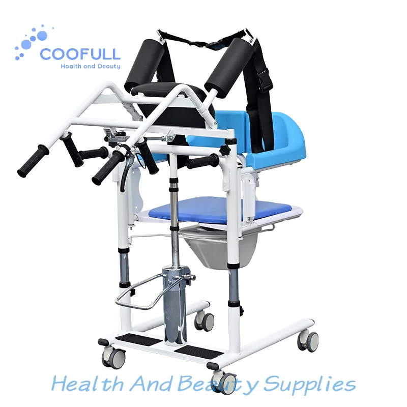 Coolfull Hydraulic Patient Transfer Lift Chair with Commode Shower for Elderly Blue Hydraulic Transfer Chair with Back Holder