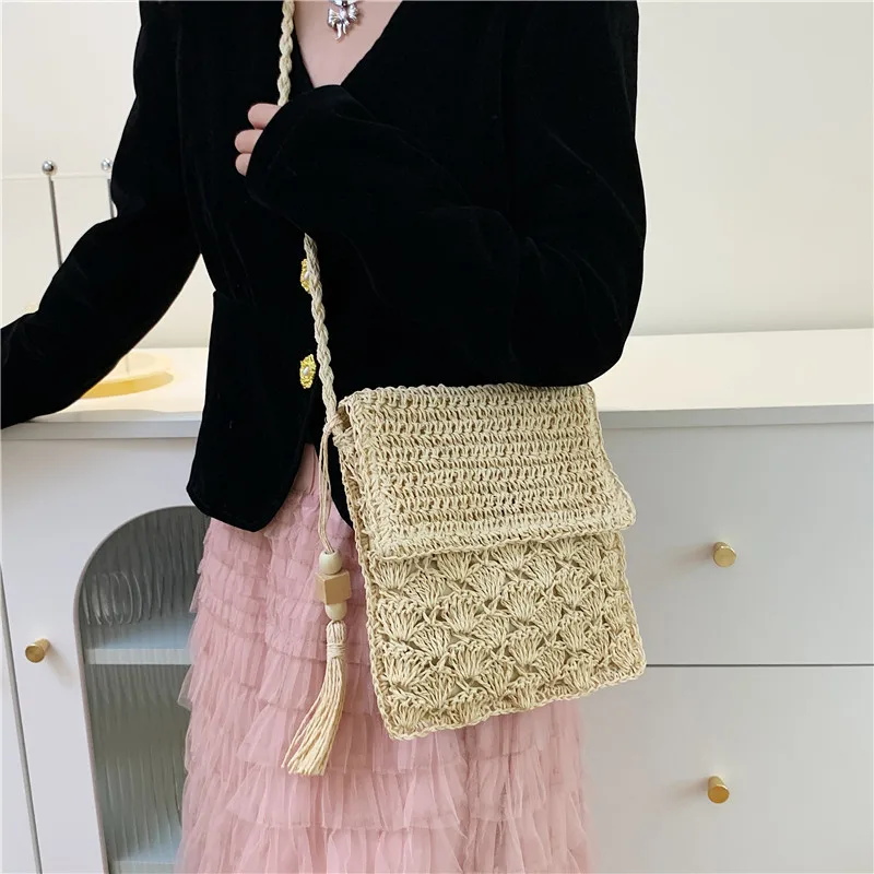 Simple Straw Crossbody Bags For Women Summer Woven Shoulder Bags Shopping Purse Beach Handbag Straw Handbags Travel Bag