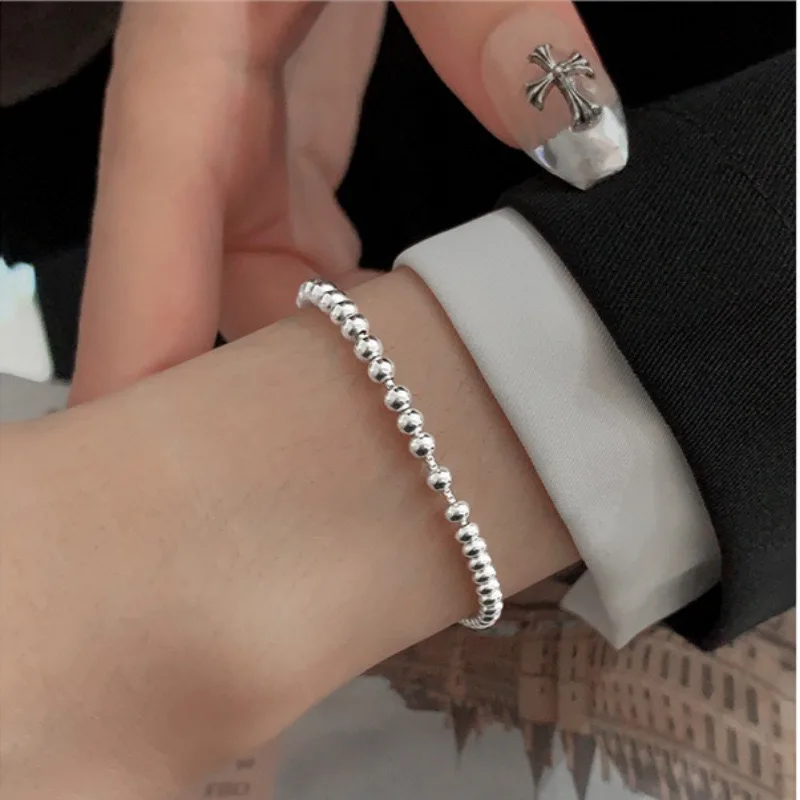 100% Solid 925 Sterling Silver Metal Bracelets for Women Men Beads Adjuatable Handmade Simple Bracelet Birthday Christmas Gift