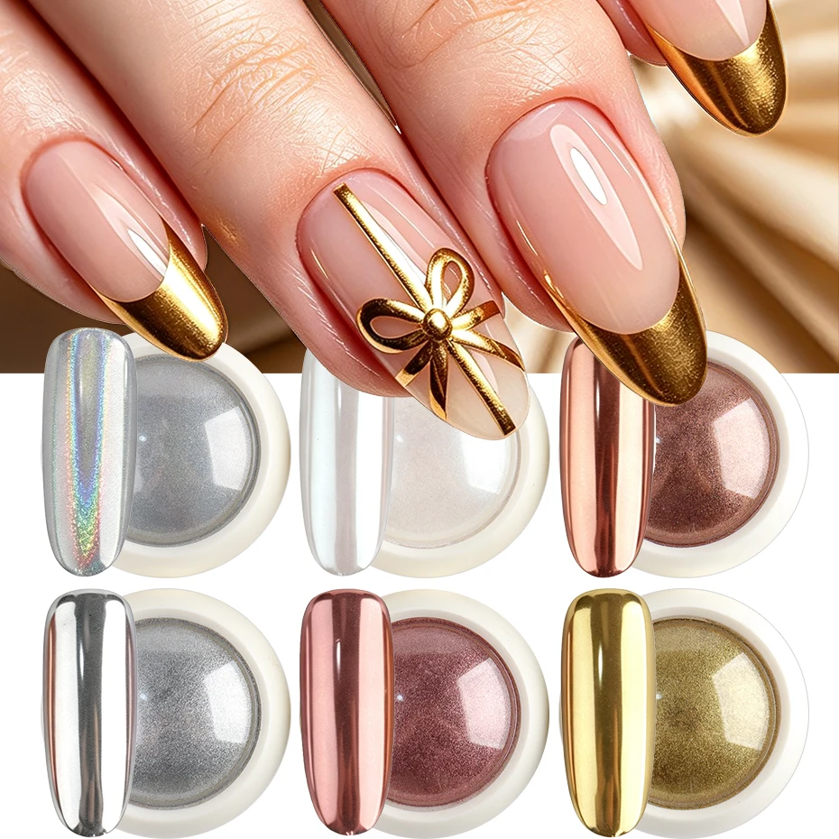 6pcs Mirror Chrome Nail Powder Set Holographic Gold Silver White Rose Metallic Nail Art Pigment Glitter Dust Manicure Decoration