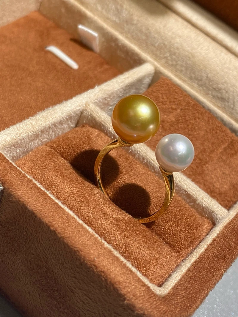 KUGG PEARL 18K Yellow Gold Ring Fashion Design Natural Akoya Pearl&South Sea Gold Pearl Ring for Women High Wedding Jewelry