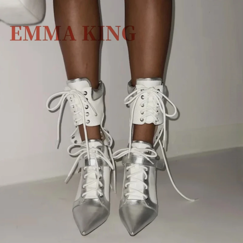 Sports Styles Lace‑Up Mid‑Calf Boots,,Pointed‑Toe Patchwork Cut Out Ankle Booties,Elegant Nightclub Party Footwear for Women