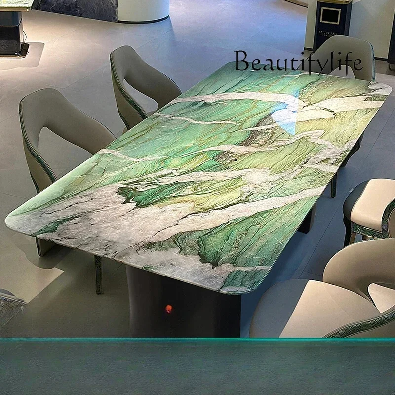 

LJYPatek Philippe green luxury stone dining table green natural marble dining table Italian light luxury high-end dining table