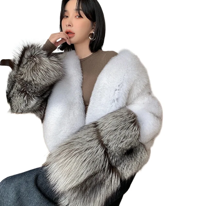 Tajiyane 2023 Winter Real Fox Fur Coat Women Short Black Fur Coats Korean Fashion Vneck Fox Fur Jackets for Womens Abrigo Mujer