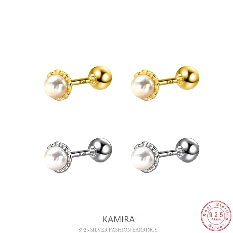 KAMIRA 925 Sterling Silver Tiny Pearl Stud Earrings for Women Screw Back Bezel Mini Pearl Ear Bone Piercing Jewelry Gift Girls