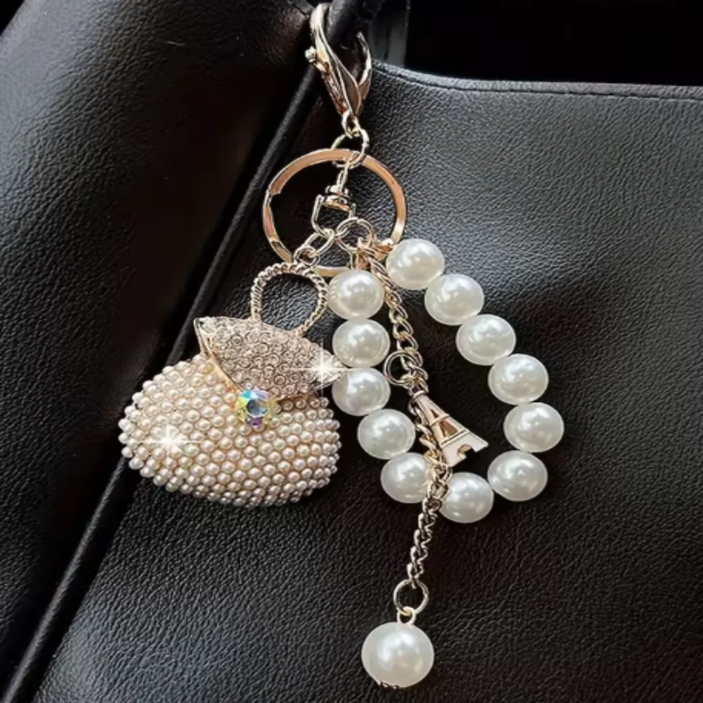 Chaveiro de pérolas com zircônias, pingente requintado para bolsa, presente de Natal para mulheres.