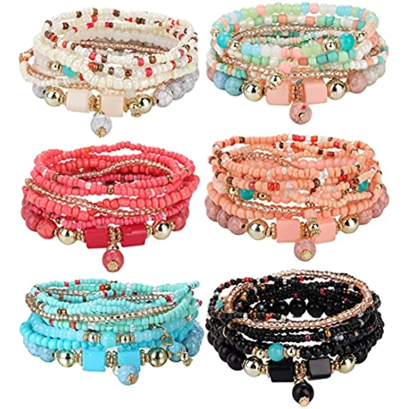 

Chawei 60pcs 6 Sets Bohemian Stackable Bead Bracelets for Women Men Multilayered Bracelet Set Pendant Charm Stretch Bangles