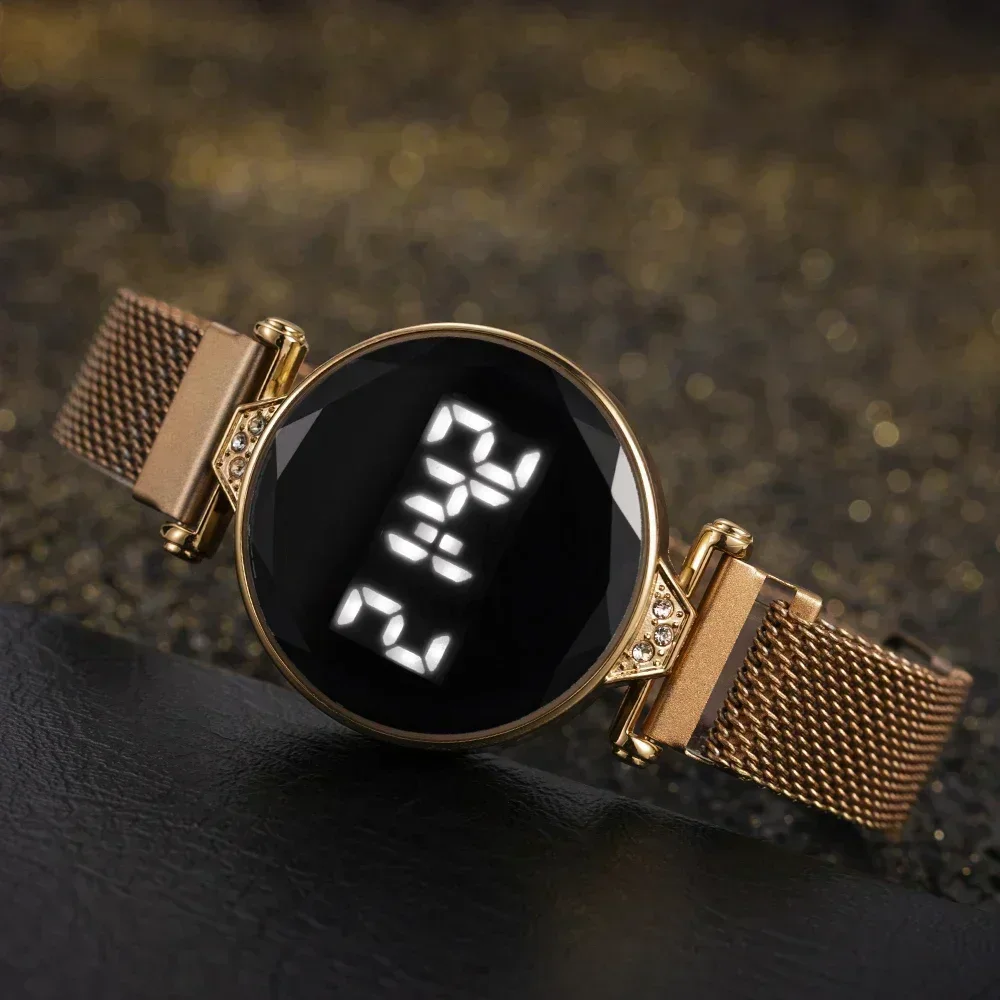 Relojes de lujo para Mujer, Reloj de pulsera de oro rosa de acero inoxidable, Reloj Digital LED para Mujer, Reloj electrónico para Mujer