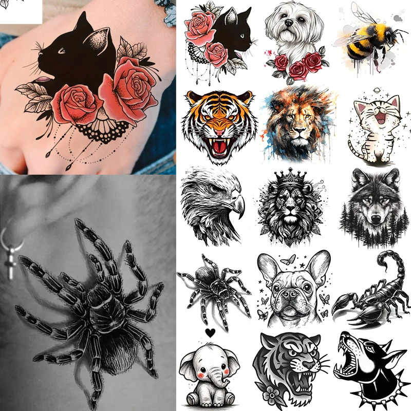 

1 Sheet Spider Tiger Lion Animal Temporary Tattoos For Adult Hands Arm, Halloween Fake Tattoo Sticker Realistic Tatoos Last Long
