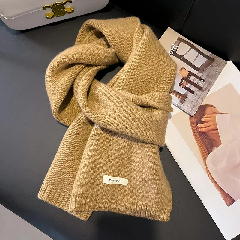 Winter Warm Scarves Fashionbale Trend Knitted Scarf Women 100% Wool Bright Solid Color Design Thickened Soft Cashmere Shawl