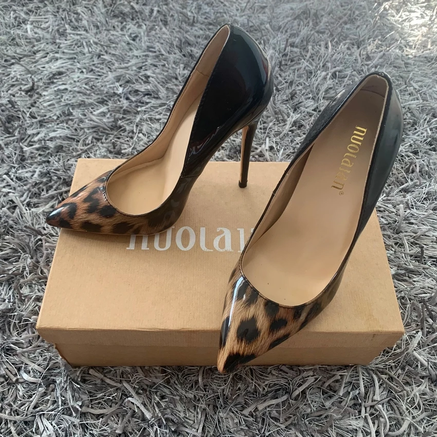 Leopard Leather Women High Heels Shoes 12cm/10cm/8cm Pointed Toe Stiletto Heels Pumps Slip On Shallow Dress Shoes Female Shoes