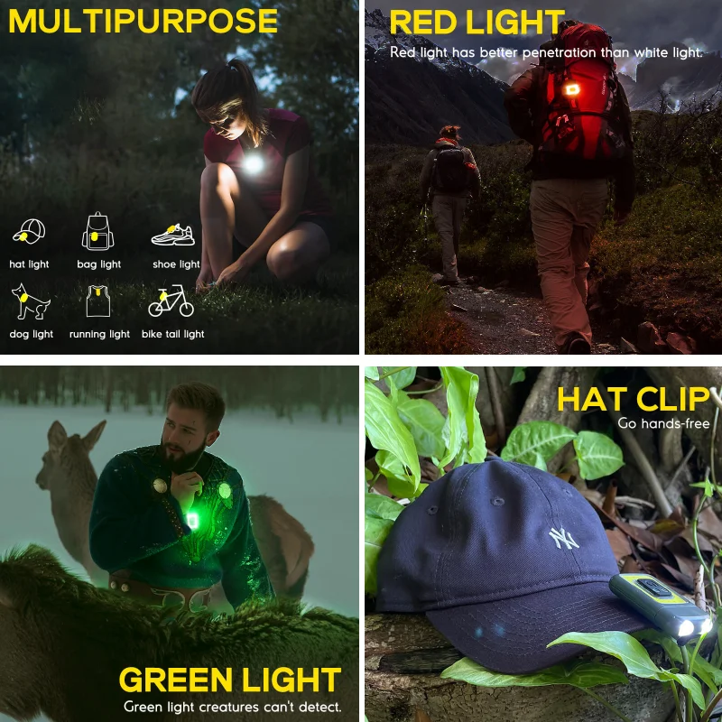 800LM Running Light, 5 Modes Headlamp Lightweight Clip On Light with COB Red/Green Light Night Vision Rechargeable Safety Light