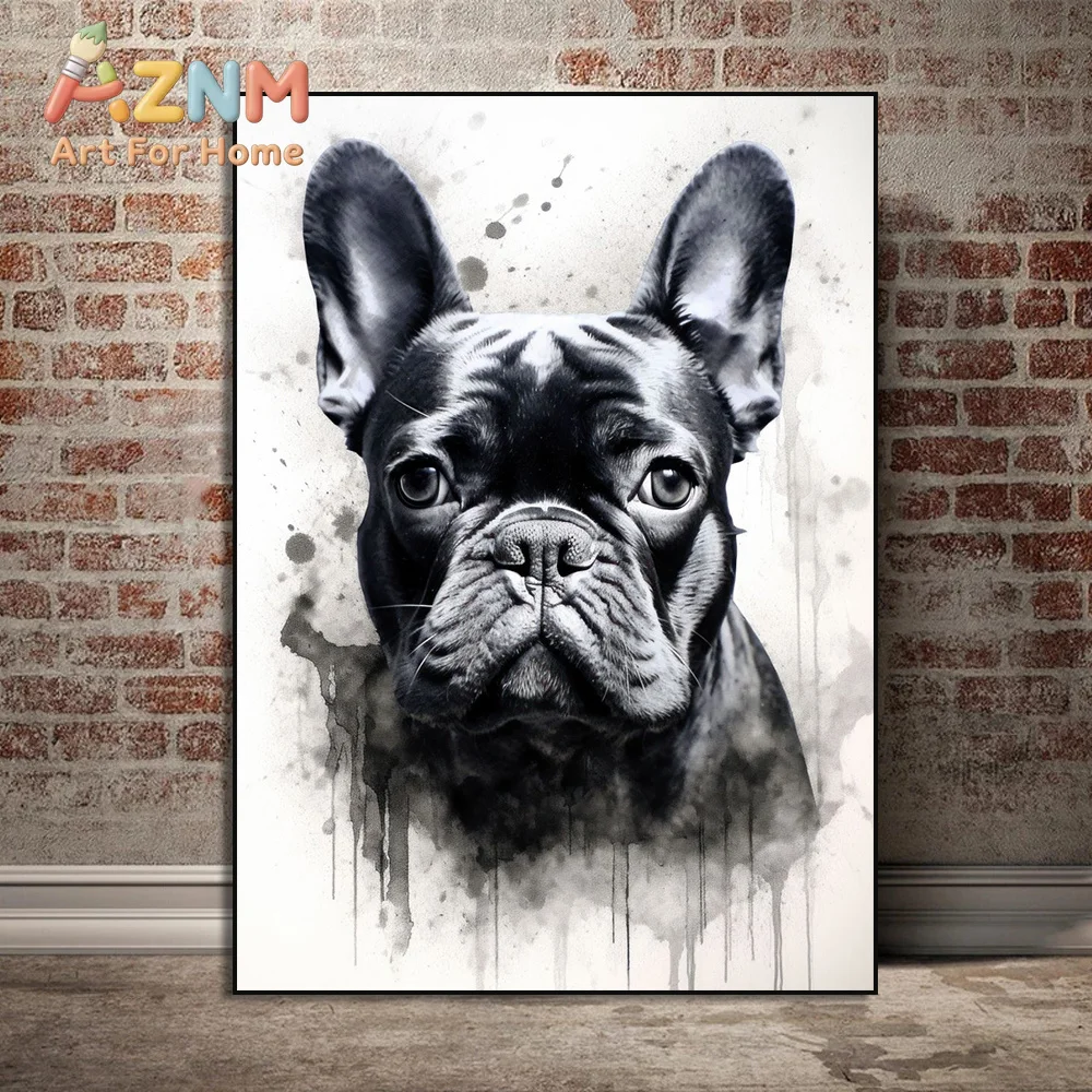1pc  frameless Canvas Painting Watercolor Dog Portrait Siberian Husky Bulldog Poodle Dog Canvas Painting Black Ink Beagle Dog Pu