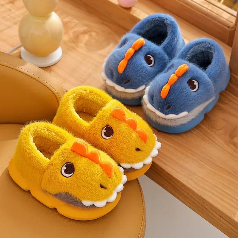 Cute Cartoon Dinosaur Children Plush Slippers Soft Sole Non-slip Winter Warm Baby Boys Girls Indoor Home Heel Wrap Cotton Shoes