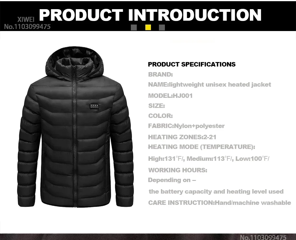 Selbstheizende Jacke, Unisex, beheizte Daunenjacke, thermische Baumwollkleidung, für Jagd, Wandern, Camping, Skifahren, Schnee, beheizter Mantel, 2-25 Heizzonen. – Detail 9