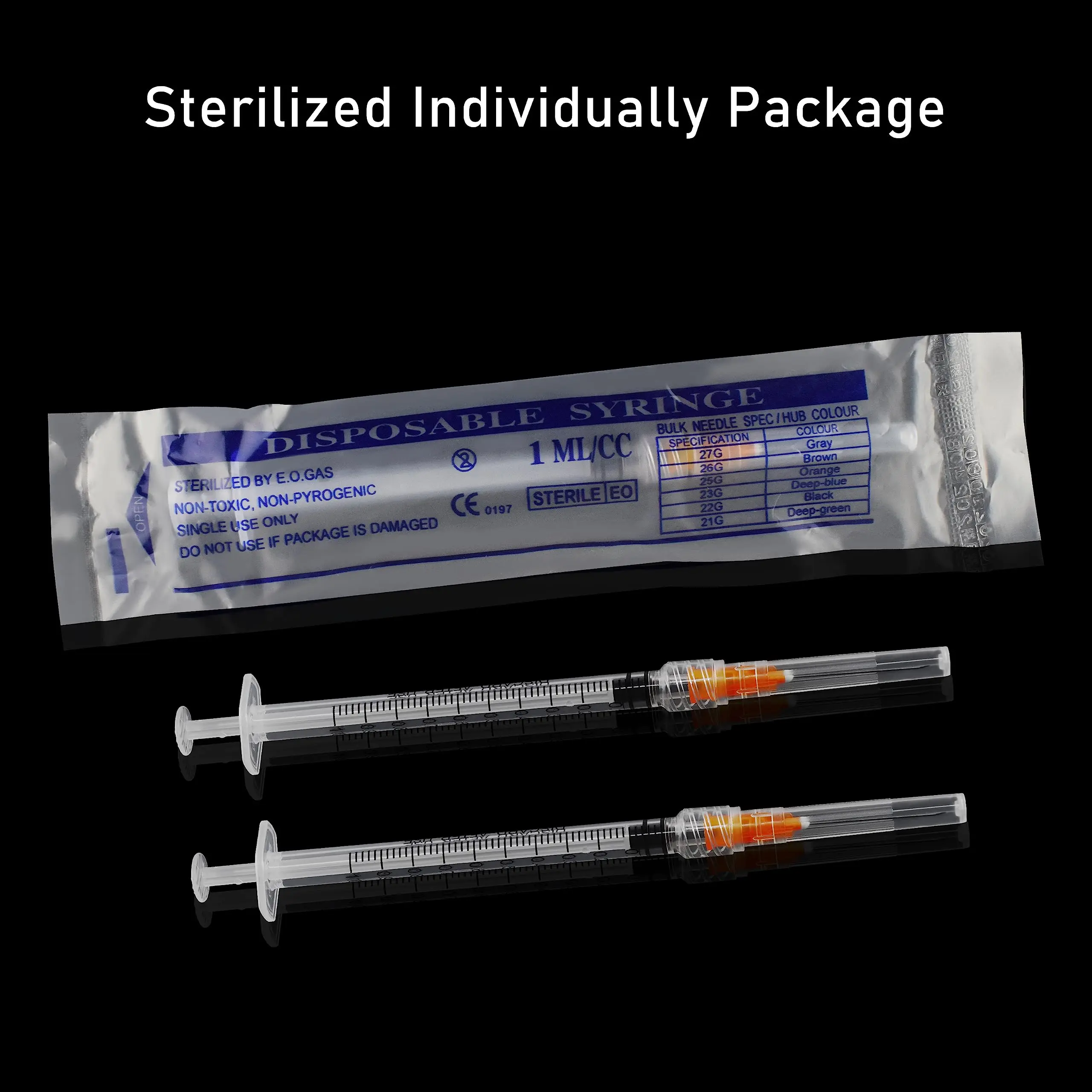 100pcs 1ml Sterile Luer Lock Syringe With 25G 1 inch Needle Individually Packed for Lab