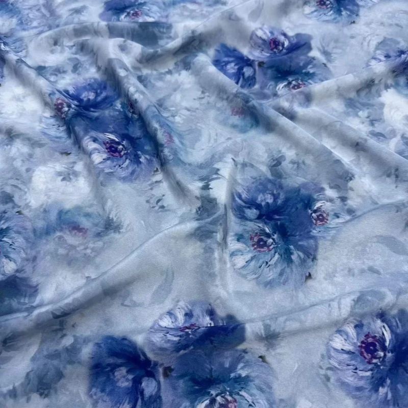Orchid Print Stretchy Mulberry Silk Crepe De Chine Fabric Spring Summer Lightweight Breathable for Dress Skirt Blouse DIY Sewing
