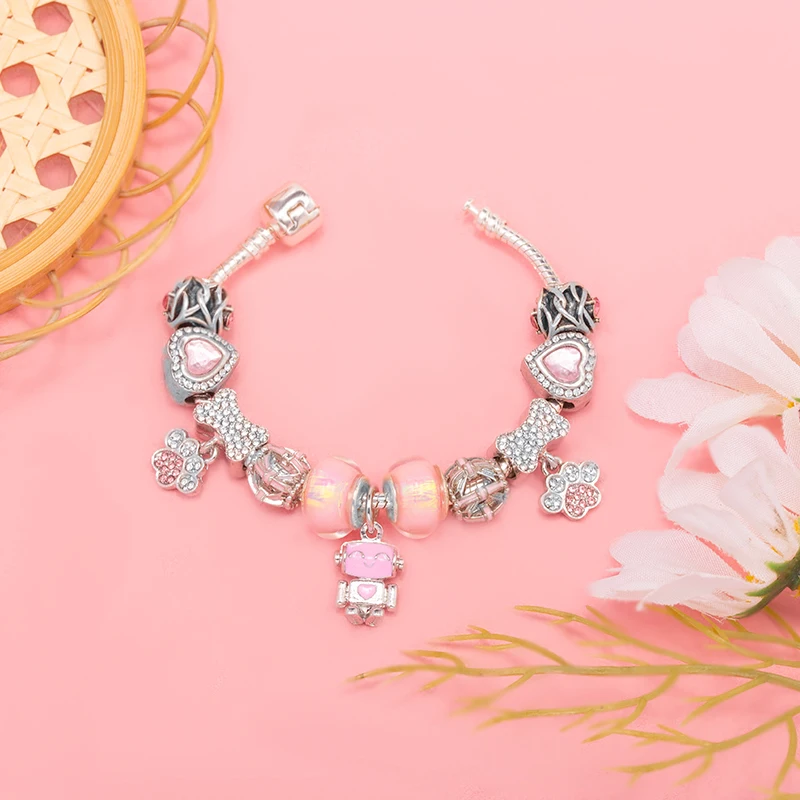 Pink Cute Claw Bone Beads Snake Chain With Love Robot Pendenta DIY Brand Charm Bracelet Jewelry For Women Making Gift New Desgin image 3