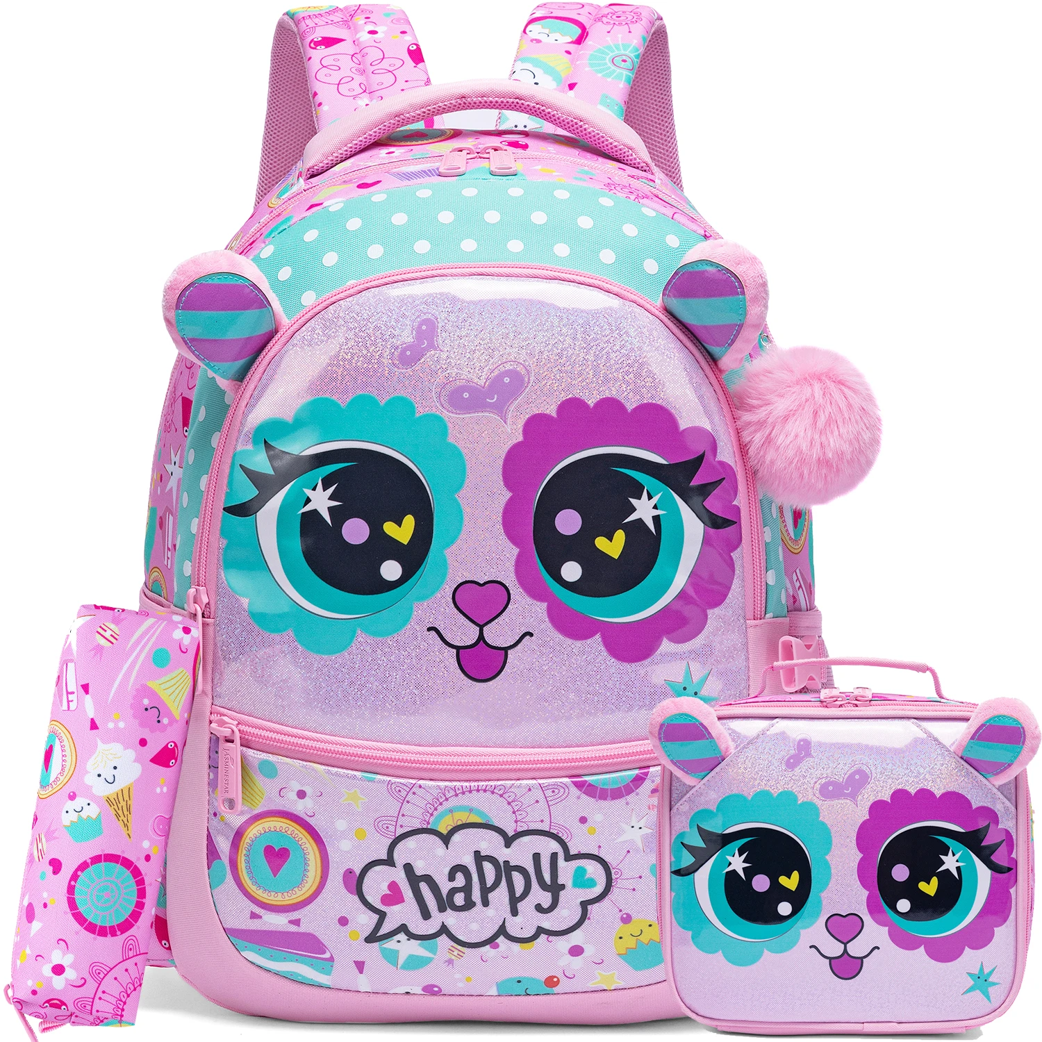 3PCS Cute Animal Backpack for Girls PU Leather Bookbag for Elementary School with Lunch Bag And PenBag