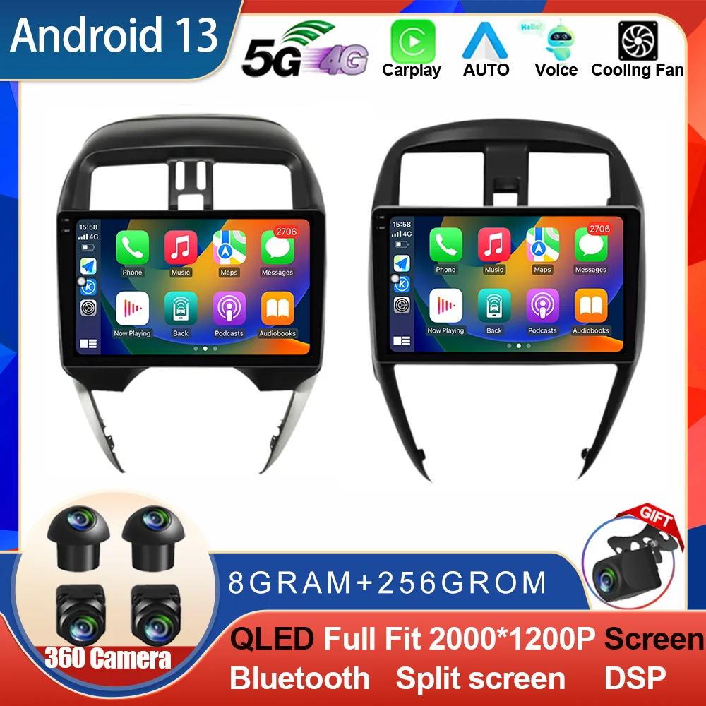 Android 13 For Nissan Versa Sunny Almera Latio 2014-2020 Car Radio QLED Carplay GPS Navigation Multimedia Video Player Auto DSP