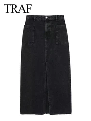 TRAF Fashion Midi Skirt Vintage Streetwear Skirts Women's High Waist Black Denim Skirt Woman Slit Jean Long Skirts For Women