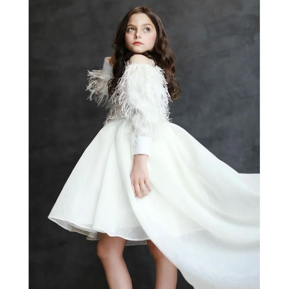 Vestidos blancos de borla de cuello alto con cola desmontable para niña, vestidos elegantes hasta la rodilla, línea A, desfile, fiesta de boda, vestidos para niños