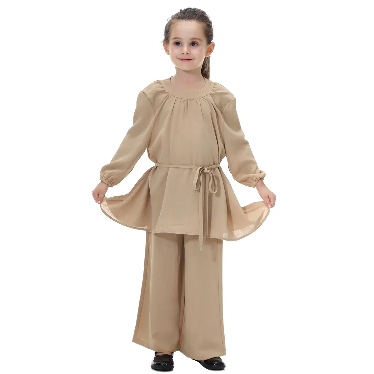 Muslim Sets for Girl Tops and Pants Red Green Outdoor Fun Solid Color Wide Leg Pant Suit Teenager Elegant Nice Fabric Clothing