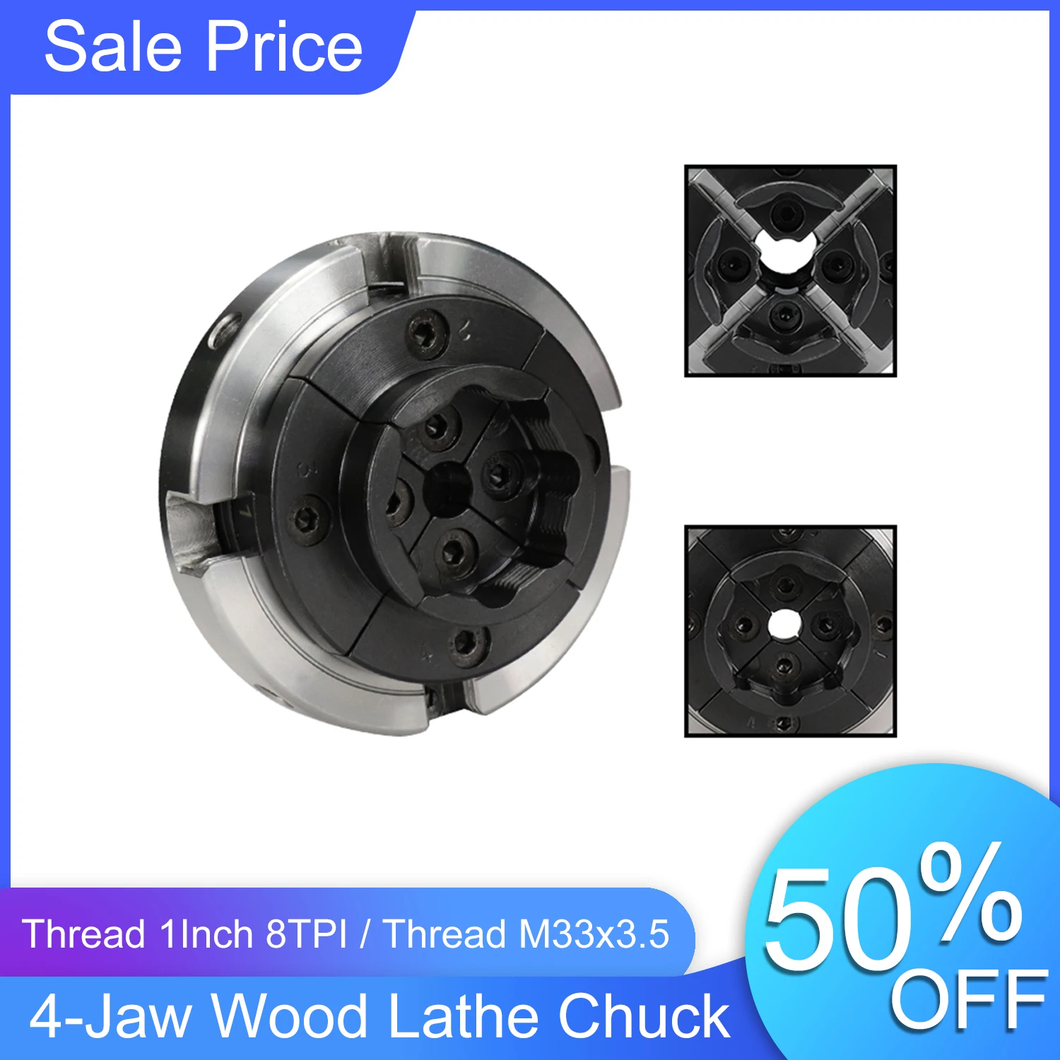 

4-Jaw Manual Lathe Chuck With Turning Machine Tools Accessories For Wood Lathe 1"8TPI M33x3.5 Self-Centering Wood Turning Chuck