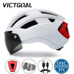 VICTGOAL MTB Road Bike Helmet with Goggles USB Rechargeable Light White Bicycle Helmet for Men Women Cycling Scooter Commuting