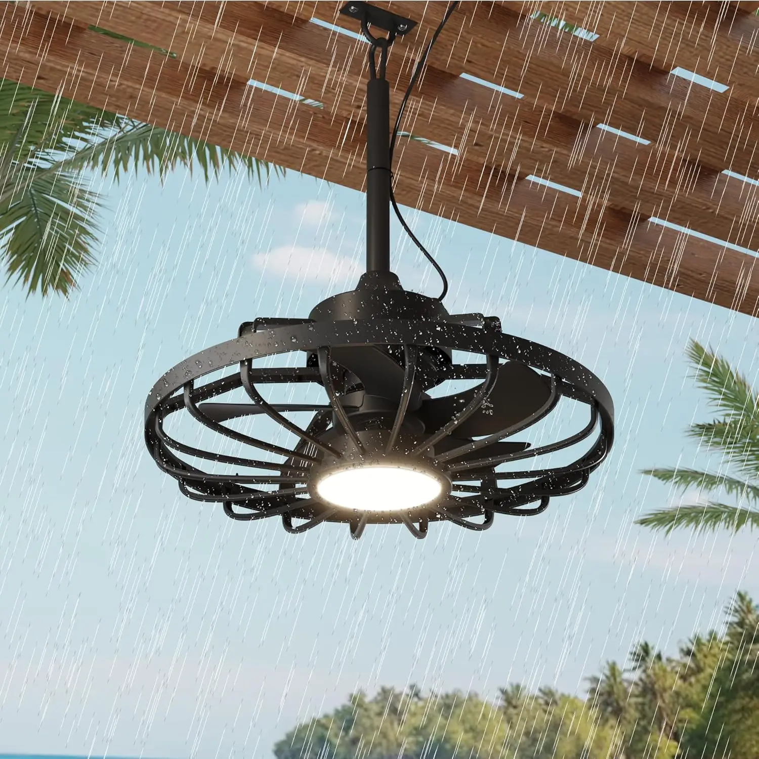 

20" Outdoor Ceiling Fan with Light，IP65 Waterproof Plug in Ceiling Fan with Remote and 3 Downrods, Gazebo Caged Hanging Fan