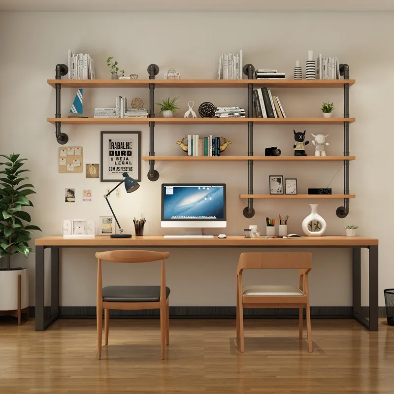 Loft water pipe desk bookshelf combination household solid wood industrial style writing learning double computer desk integrate