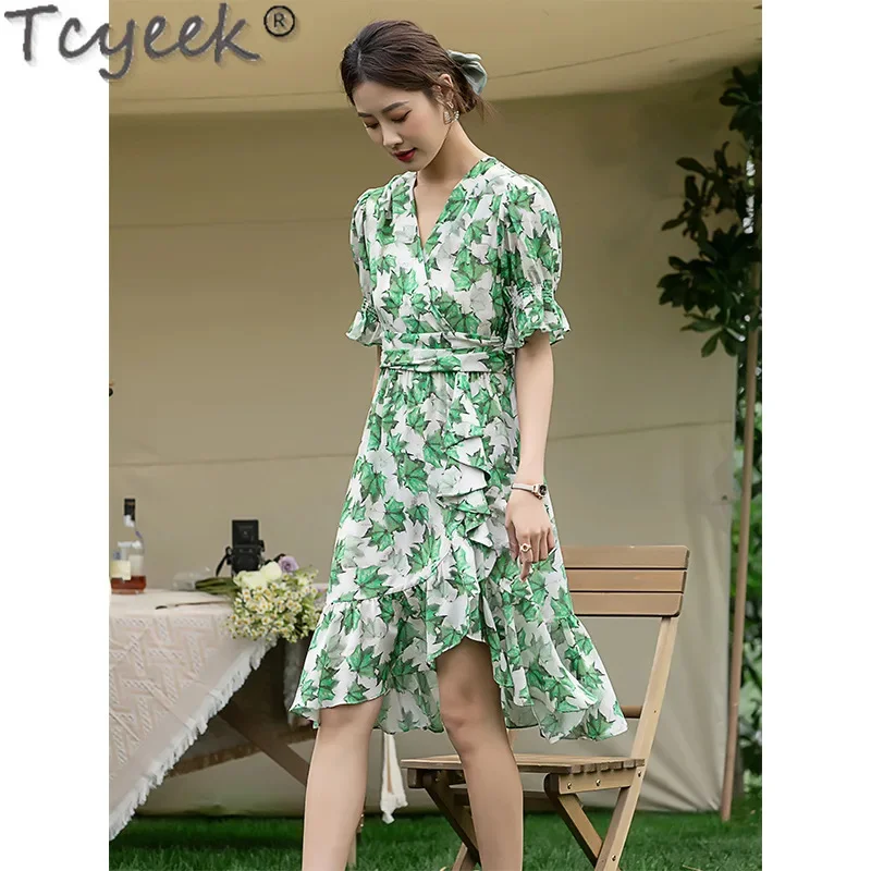 100% Tcyeek Mulberry Silk Women High-end Print Elegant Women's Fashion Summer Dresses 2024 Vestidos De Mujer