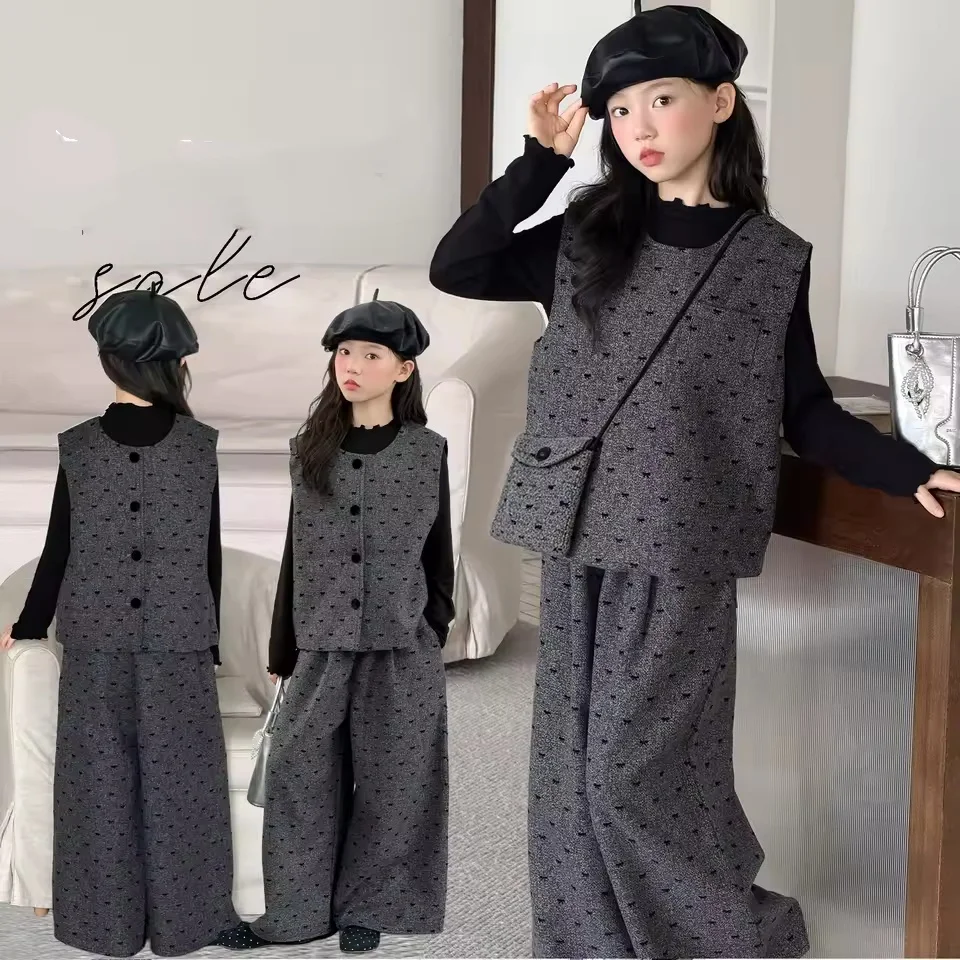Girls Vest Three Piece Set Autumn Clothing Children's Fashion Korean Version Bow Dot Vest Long Sleeved Wide Leg Pants Sets 4-14Y