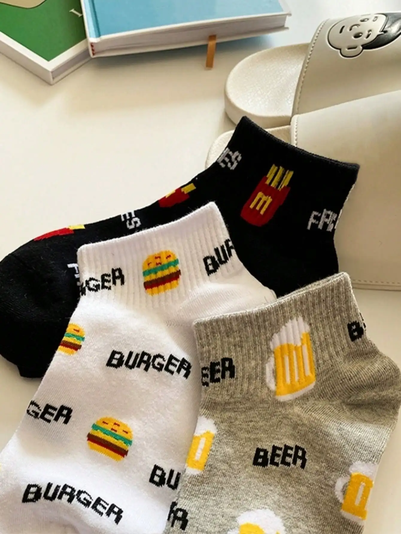 3/5 Paar süße Damen-Socken mit Motiven von Hamburger, Pizza und Pommes, süße Mädchen-Knöchelsocken, dünne, atmungsaktive Socken für Frühling, Sommer und Herbst, Freizeitsocken, Sportsocken, vielseitige Socken, Studentensocken, geeignet für den täglichen Gebrauch. – Detail 3