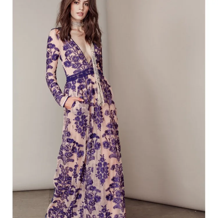 

Синяя юбка с цветочной вышивкой, облегающая, с V-образным вырезом, длинная, для праздников, от австралийского бренда, женская модная одежда весна-осень