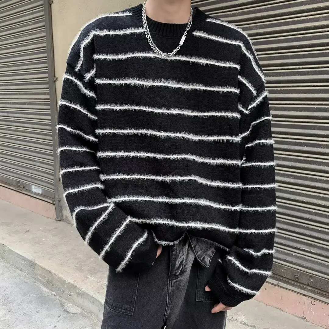 Japanese Fashion Retro Knitted Striped Sweater T-shirt for Men Autumn Winter Korean Harajuku Loose Men's Hoodies Y2k Streetwear